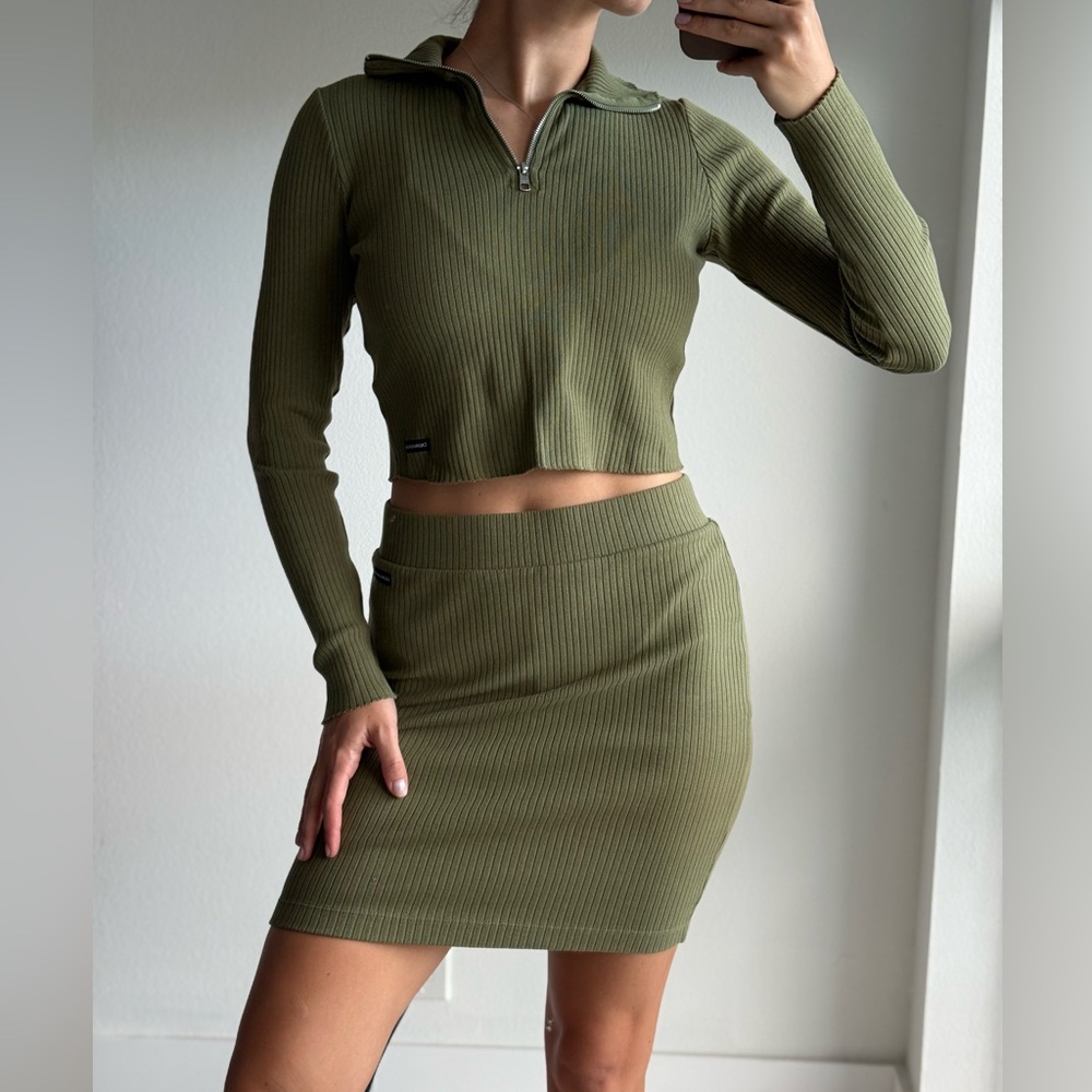 Calvin Klein Olive Green Ribbed Skirt and Top Set